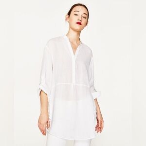 Zara White Lightweight Tunic Split Hem Pom Pom Detail Size Large